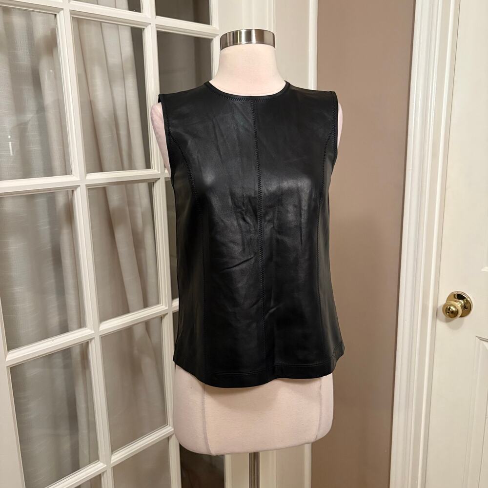 Elie‎ Tahari Kai Blouse Black Lamb Leather Mixed Media Shell Top XS NWT $395